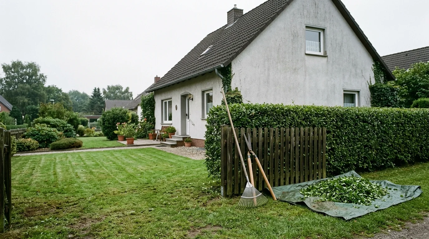 Frisch geschnittene Hecke, gemähter Rasen, Rechen und Heckenschere an einem Gartenzaun