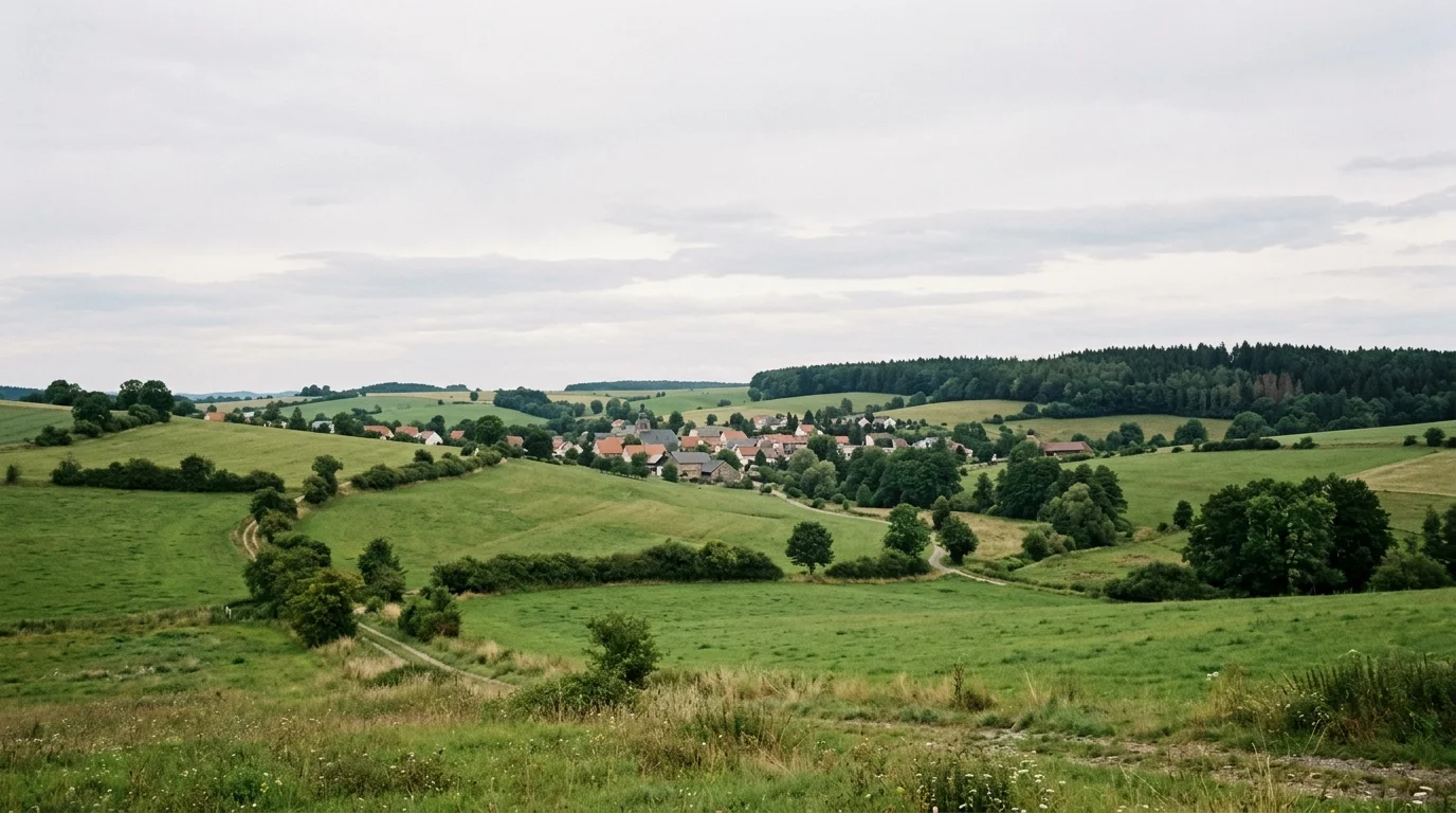 Sanft hügelige Landschaft mit Wiesen, Hecken, verstreuten Dächern und Waldrand